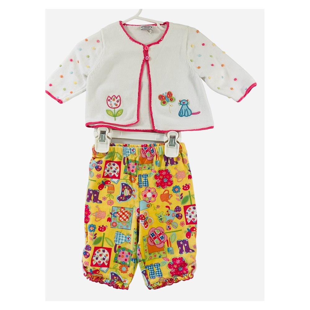 Talbots Kids Easter Sweater Outfit Yellow & Pink Floral Tulips Kitty Cat 6 mo
